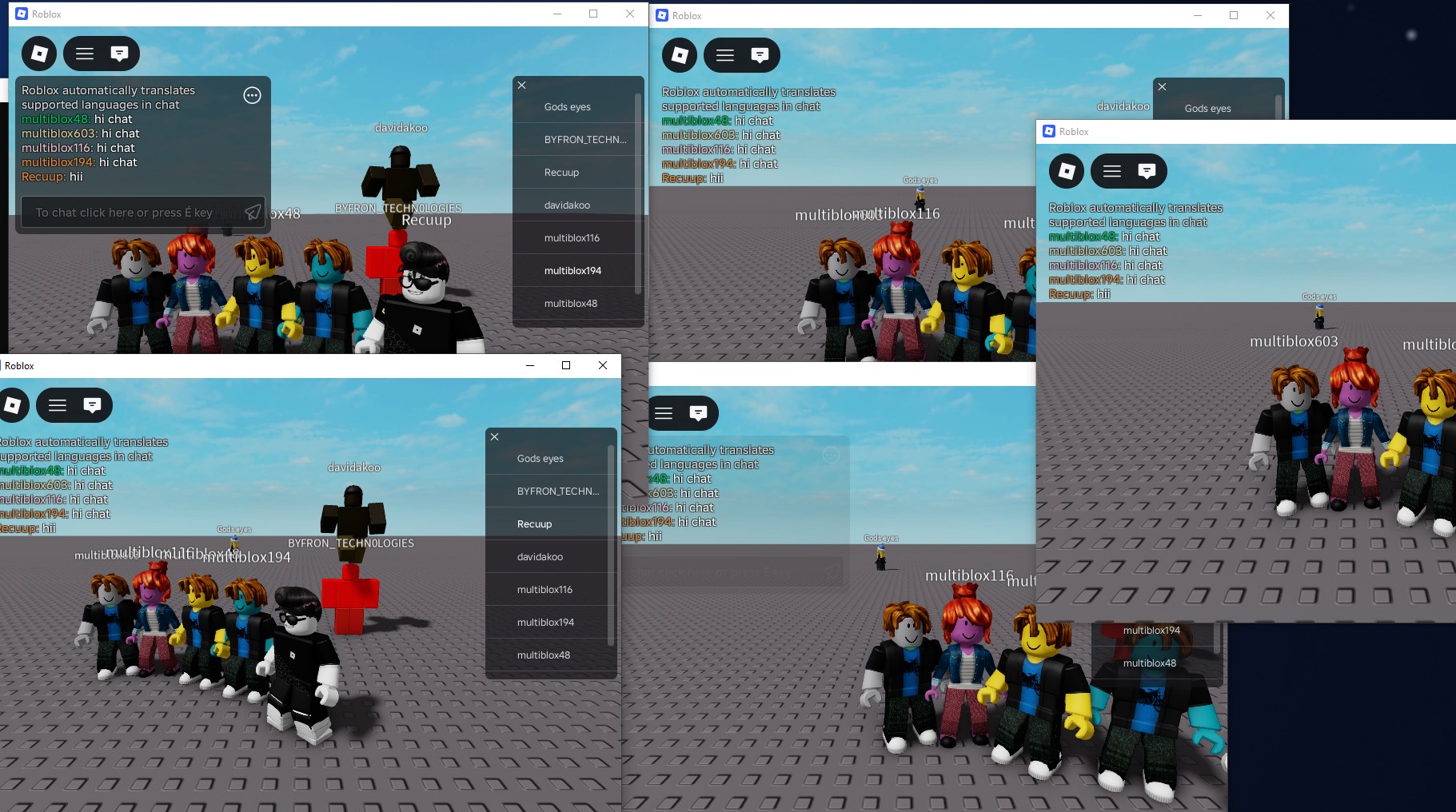Real multi-instance Roblox setup showing several Roblox windows open at the same time